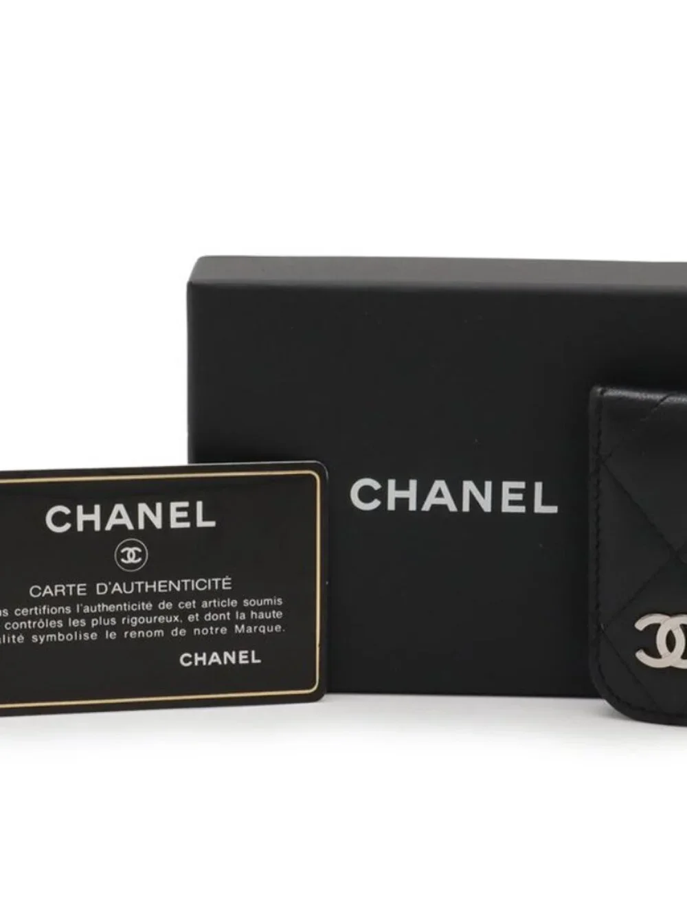 Chanel Quilted Coco Mark Money Clip Billfold Bill Lambskin Leather Black